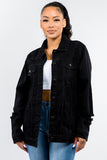 American Bazi Full Size Button Up Distressed Denim Jacket 