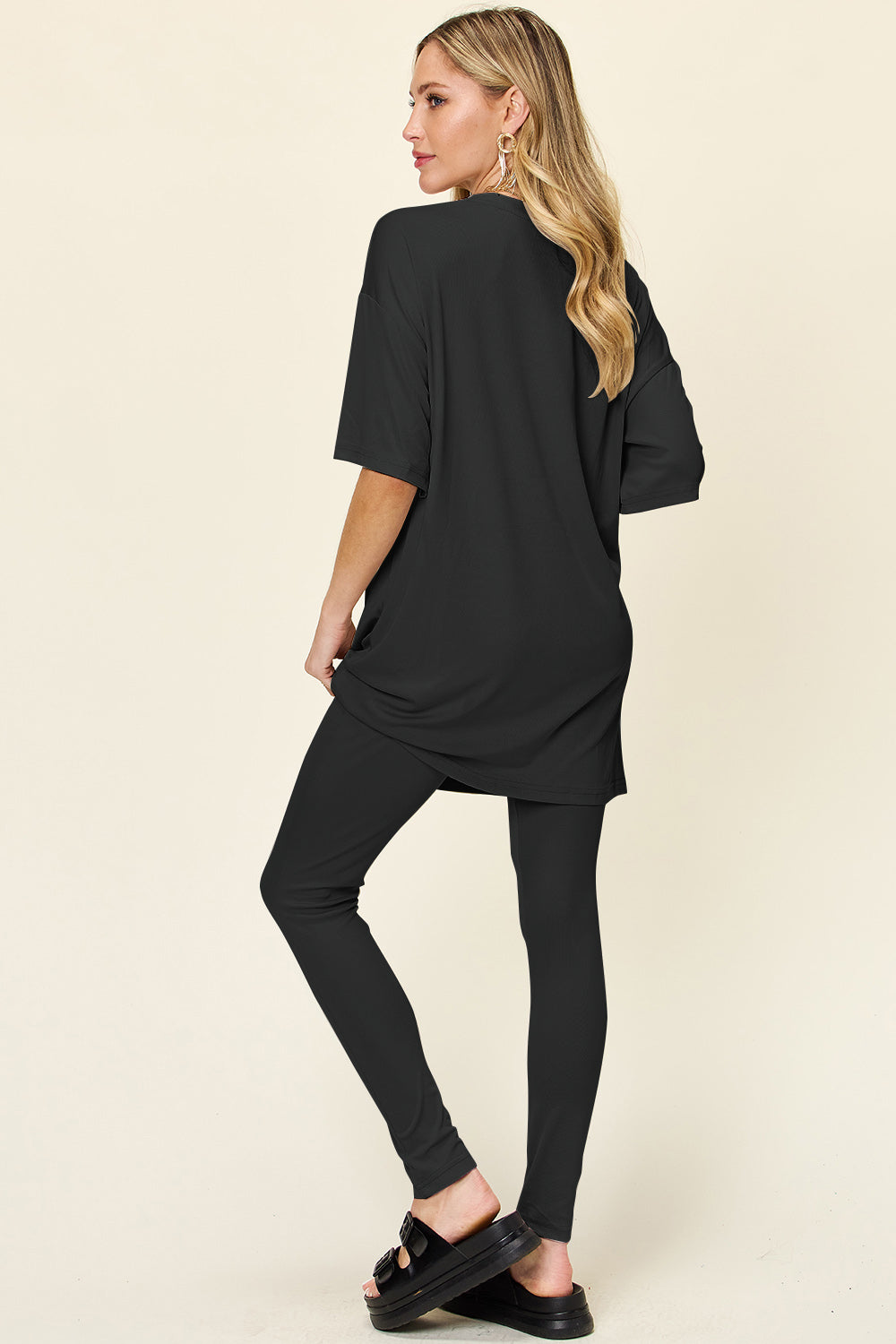 Double Take Full Size Round Neck Dropped Shoulder T-Shirt and Leggings Set 