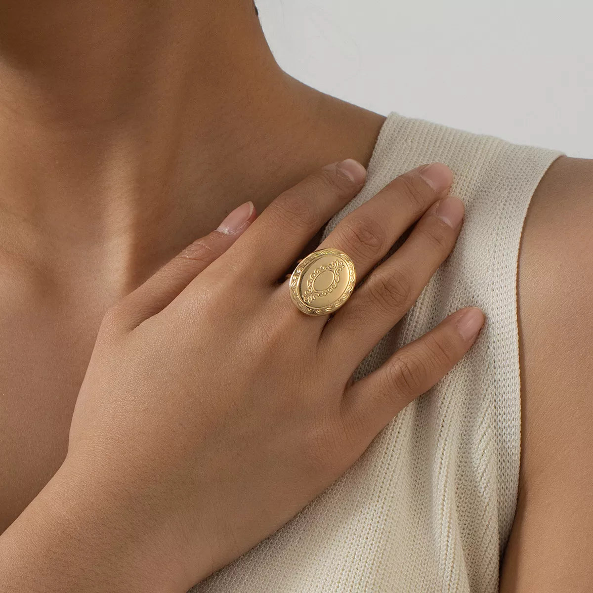 18K Gold-Plated Open Engraved Ring 