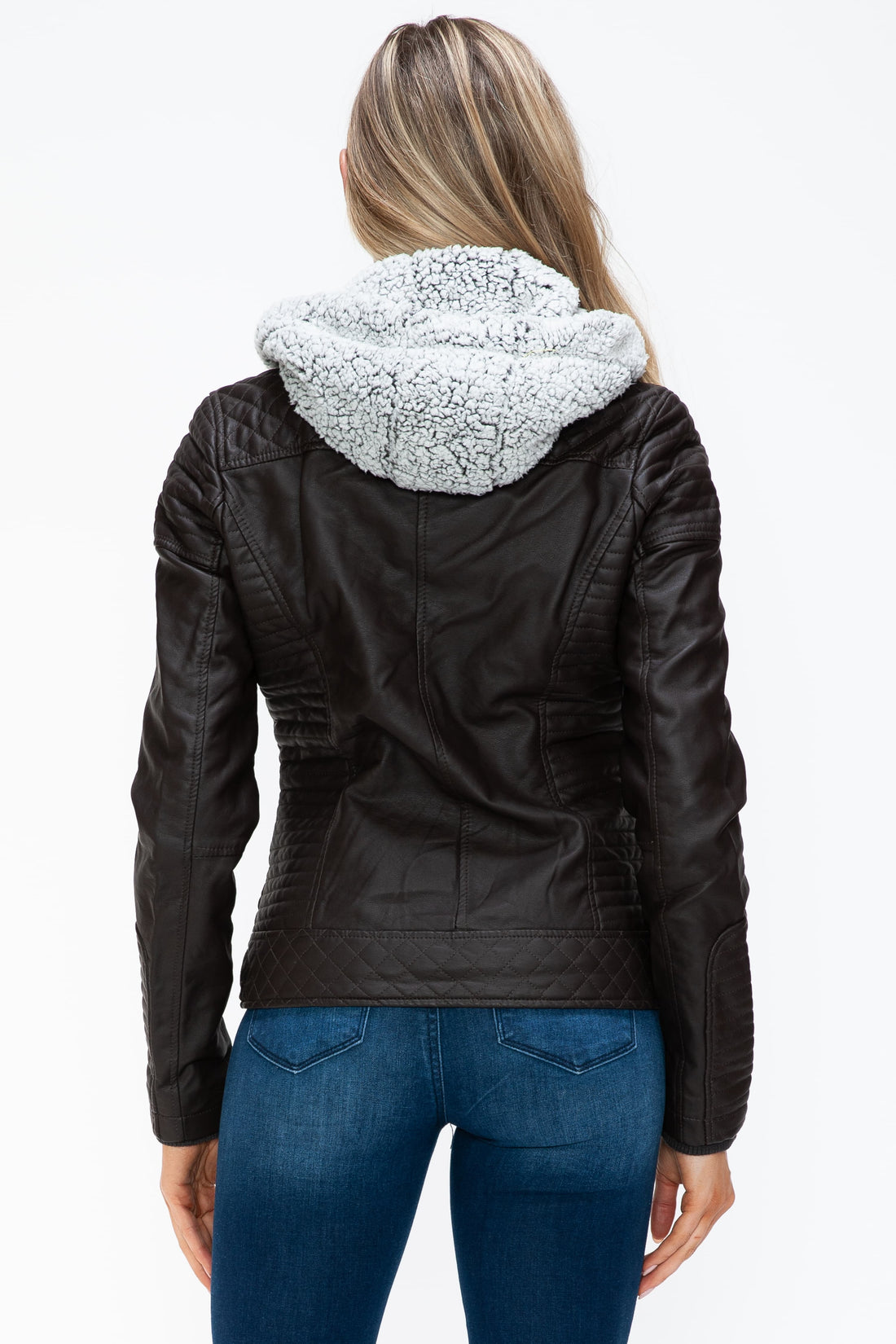 YMI Faux Layered Double-Zipper Jacket with Fuzzy Hood 