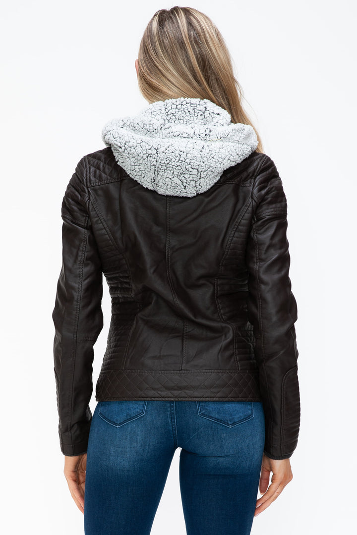YMI Faux Layered Double-Zipper Jacket with Fuzzy Hood 