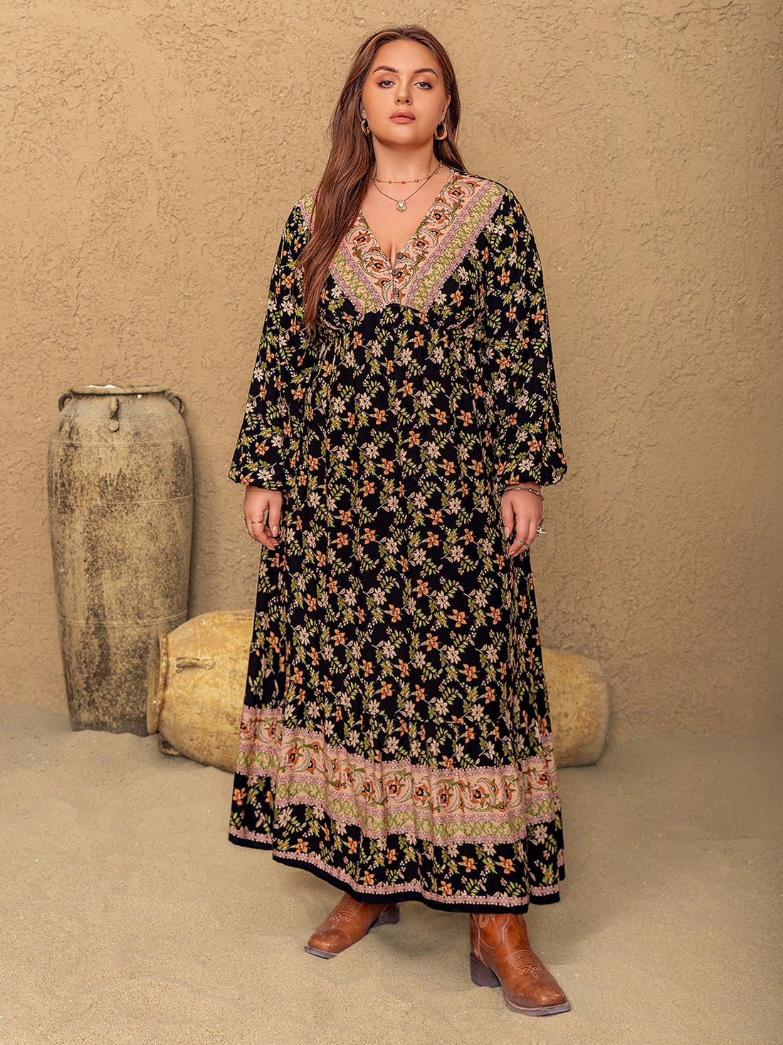 Plus Size Floral V-Neck Balloon Sleeve Dress 