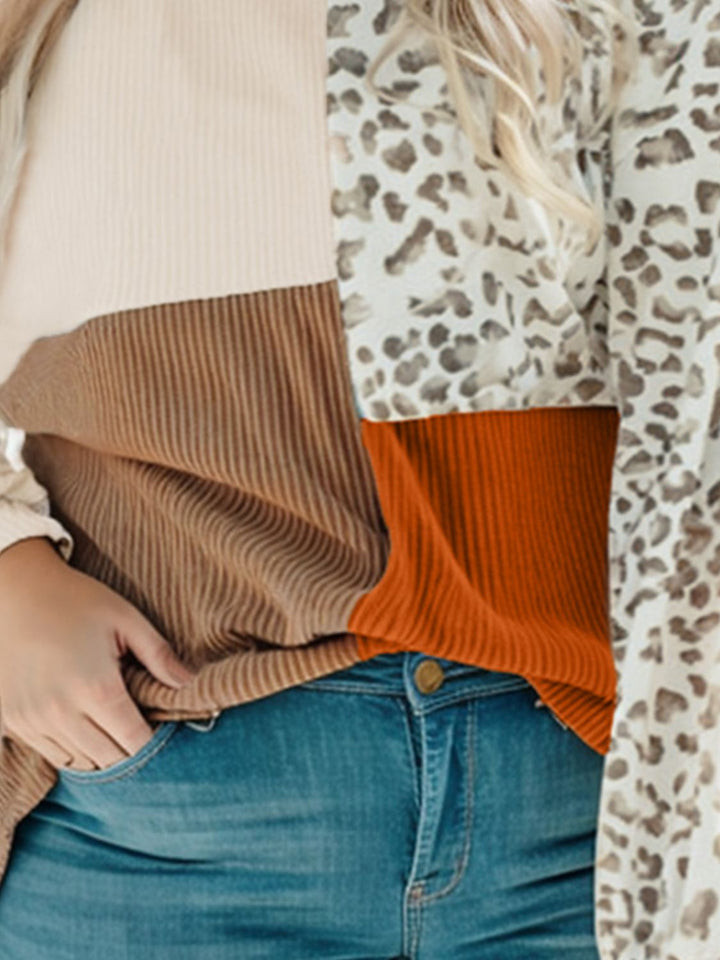 Plus Size Color Block Leopard Round Neck Top 