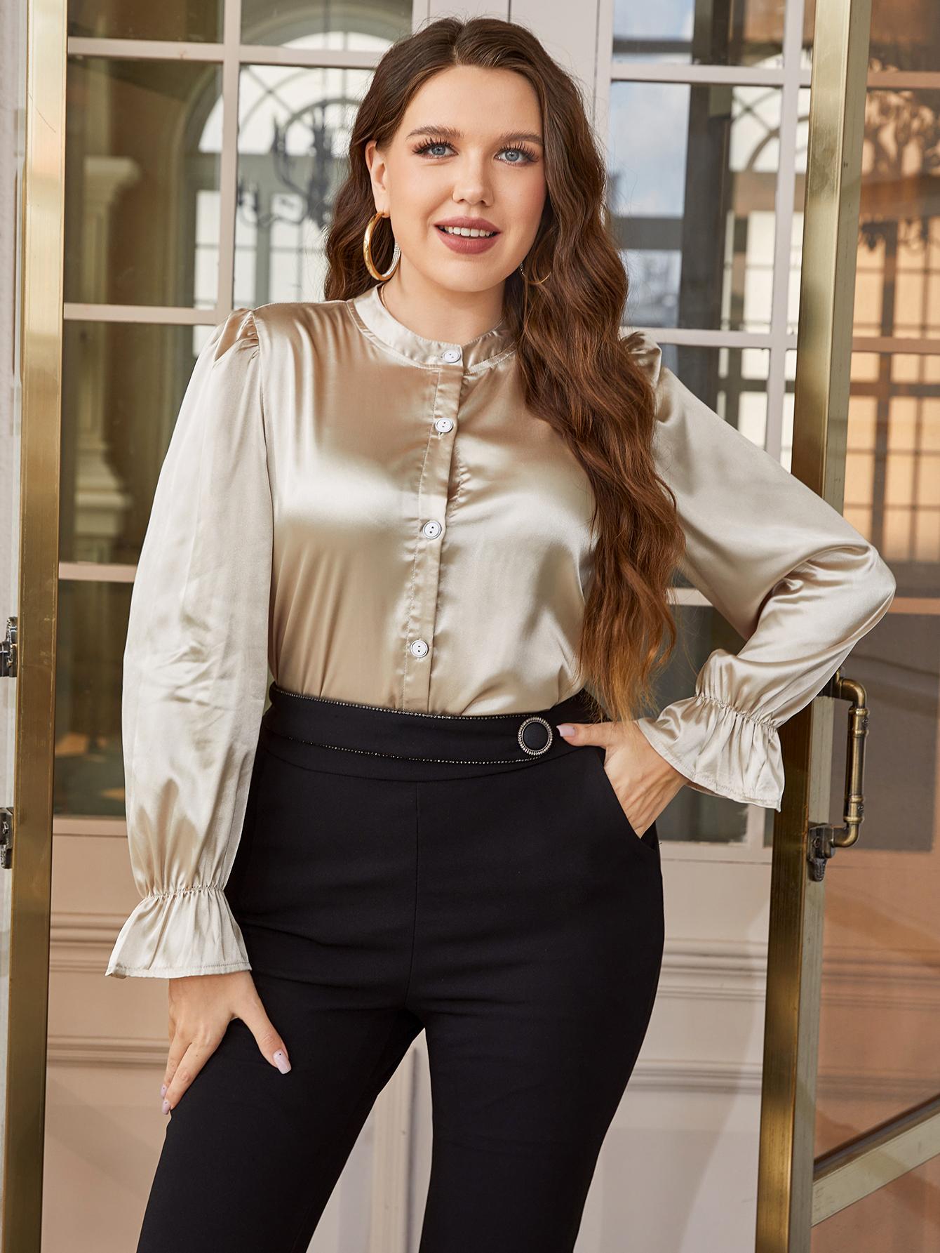 Plus Size Flounce Sleeve Band Collar Shirt 