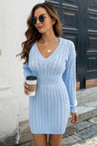 Cable-Knit V-Neck Long Sleeve Mini Sweater Dress Dresses