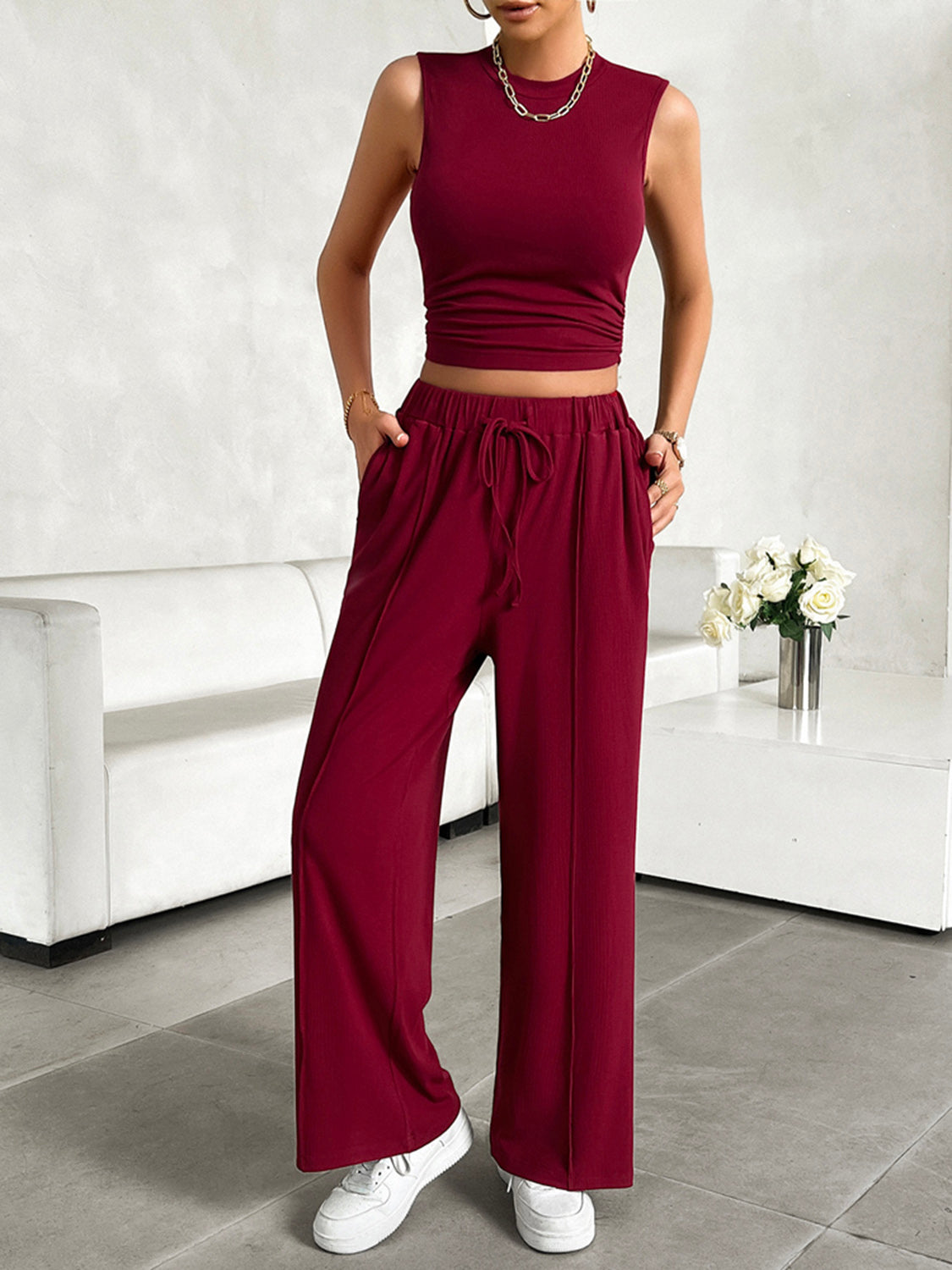 Devine Mock Neck Sleeveless Top and Drawstring Pants Set 