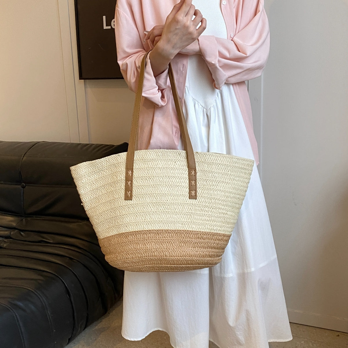 Contrast Straw Braided Handbag 