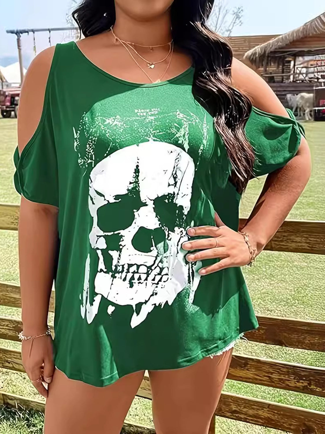 Plus Size Skeleton Graphic Round Neck Cold Shoulder T-Shirt 