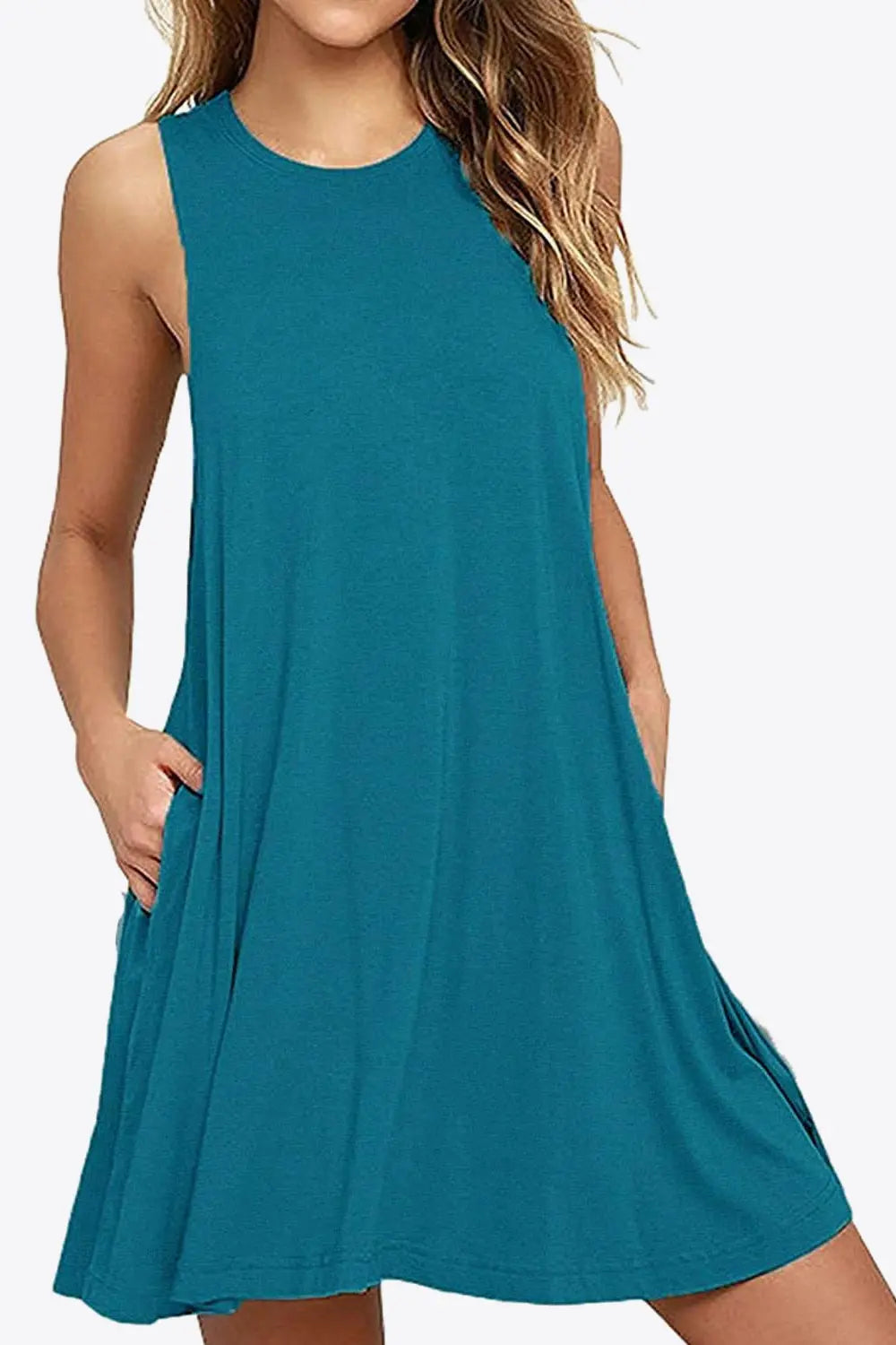 Full Size Round Neck Sleeveless Dress with Pockets 