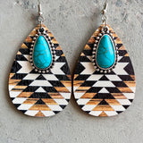 Turquoise Teardrop Shape Wooden Dangle Earrings 