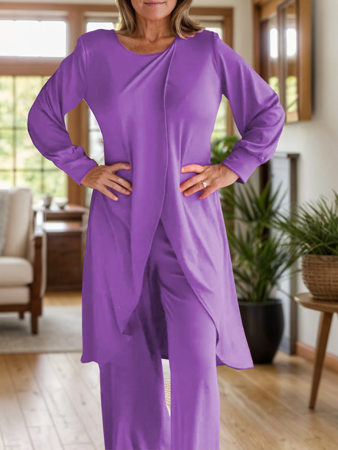 Full Size Slit Round Neck Long Sleeve Top and Pants Set 