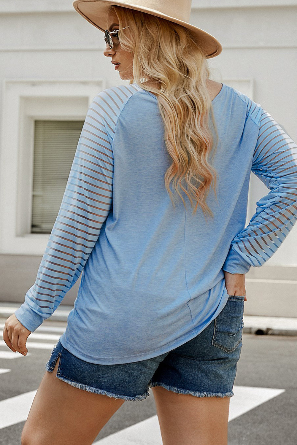 Plus Size Sheer Striped Sleeve V-Neck Top 