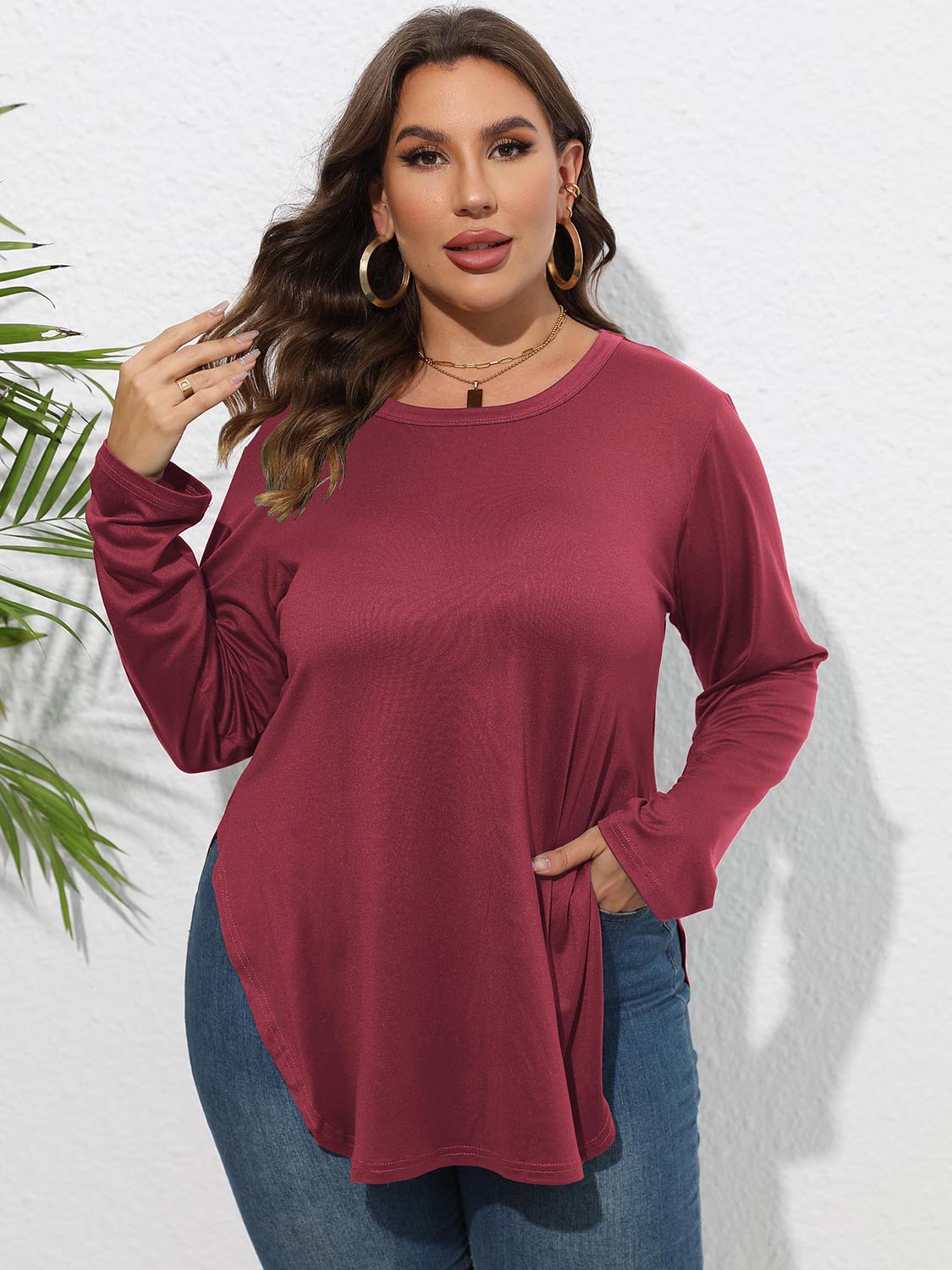 Plus Size Round Neck Long Sleeve Slit T-Shirt 