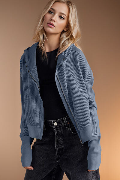 Double Take Waffle-Knit Zip Up Long Sleeve Hooded Jacket 