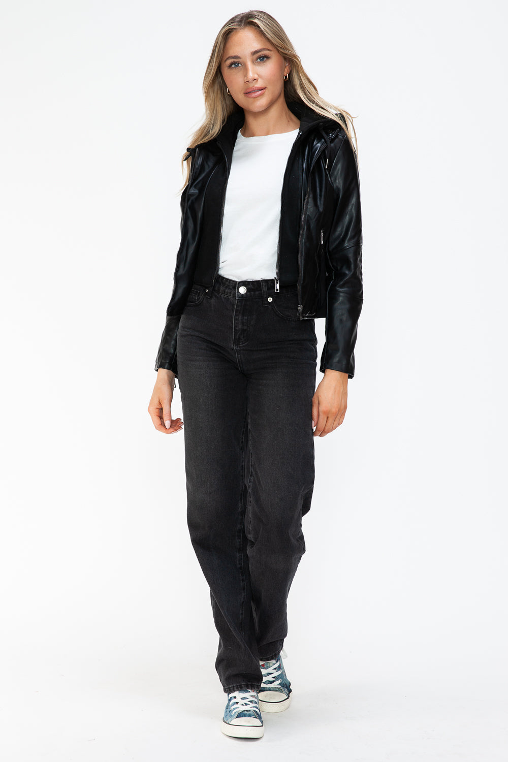 Snobbish Faux Leather Zip Up Drawstring Hooded Jacket 