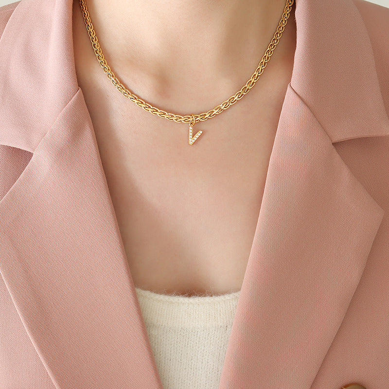 Brass Inlaid Zircon Letter Pendant Necklace 