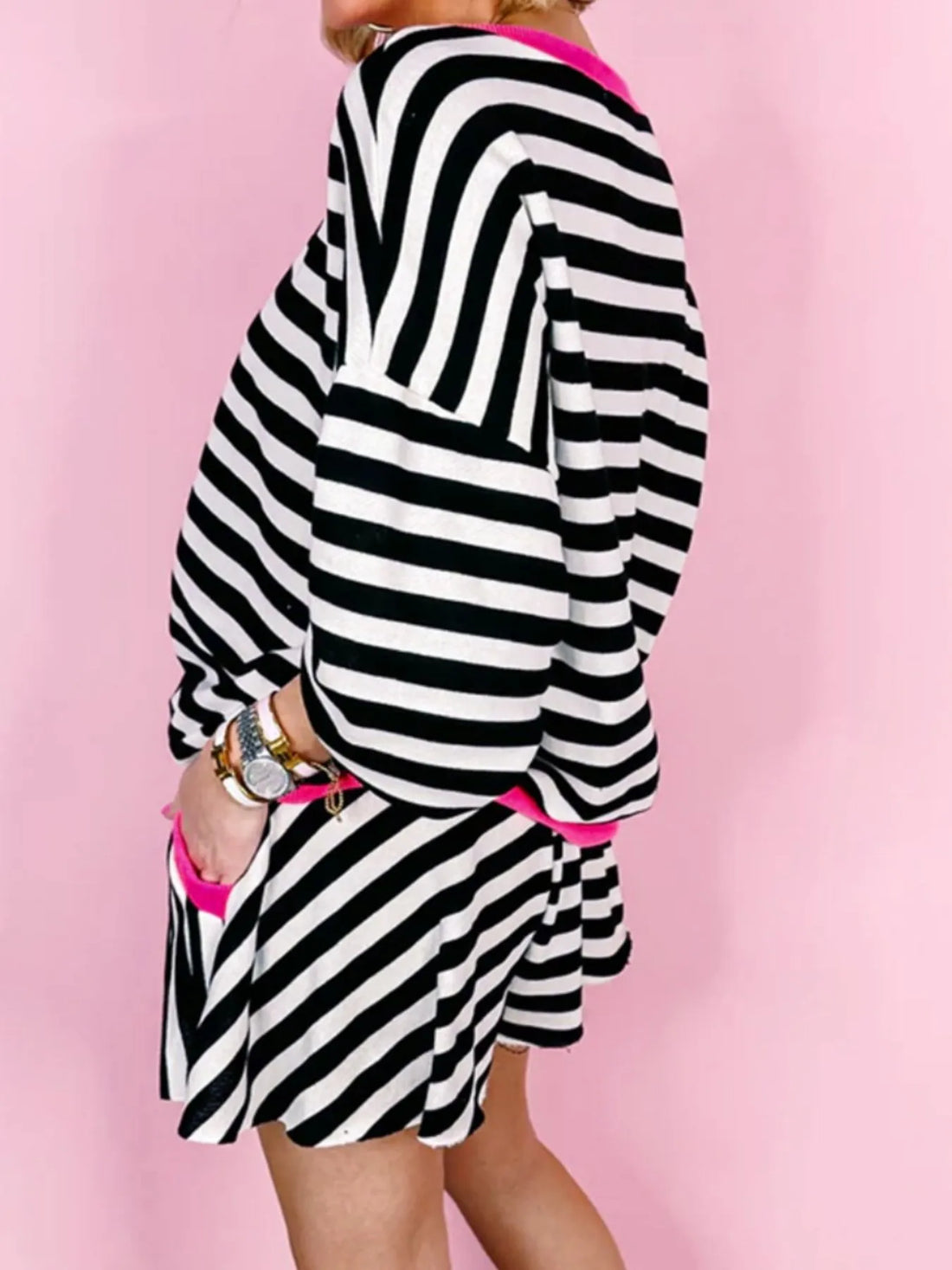 Stripe Contrast Ribbed Banding Long Sleeve Blouse and Loose Shorts Set Two Piece Dresses