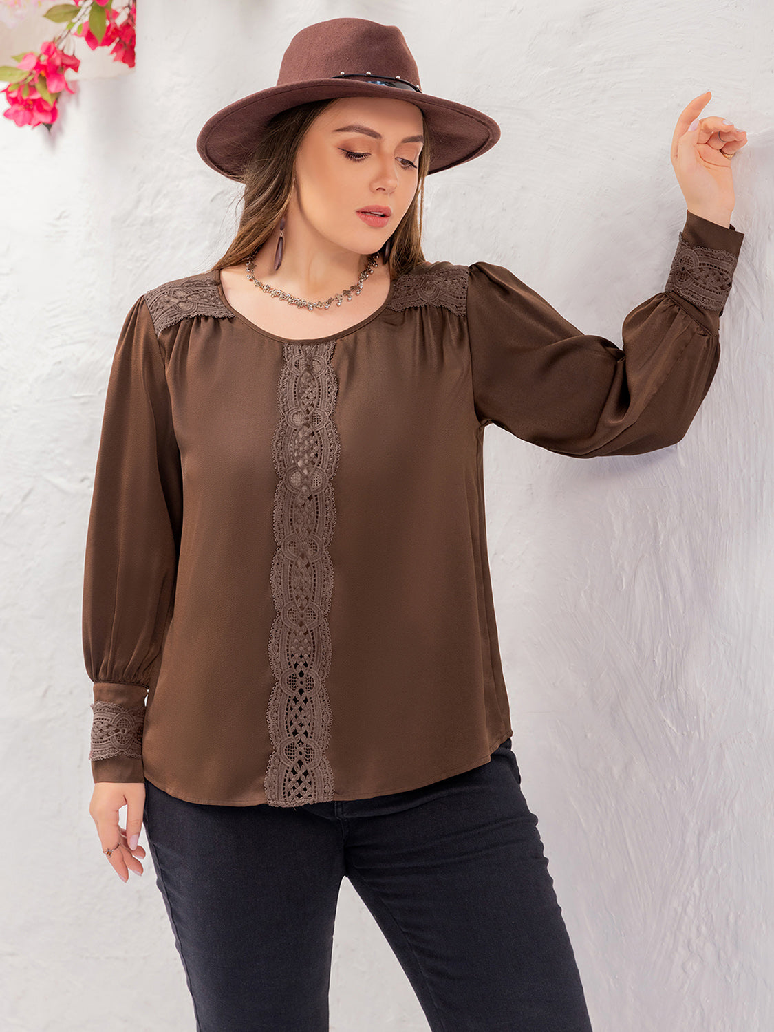 Plus Size Lace Detail Round Neck Long Sleeve Blouse 