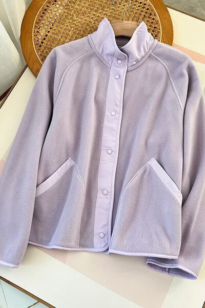 Double Take Snap Down Contrast Fleece Jacket with Pockets 