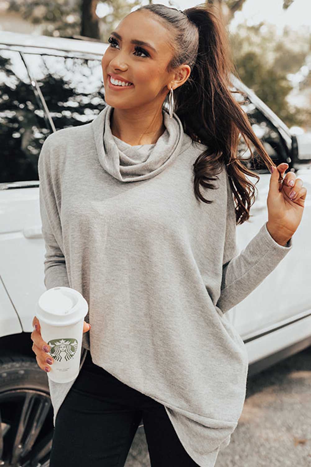 Side Slit High-Low Cowl Neck Long Sleeve Blouse 