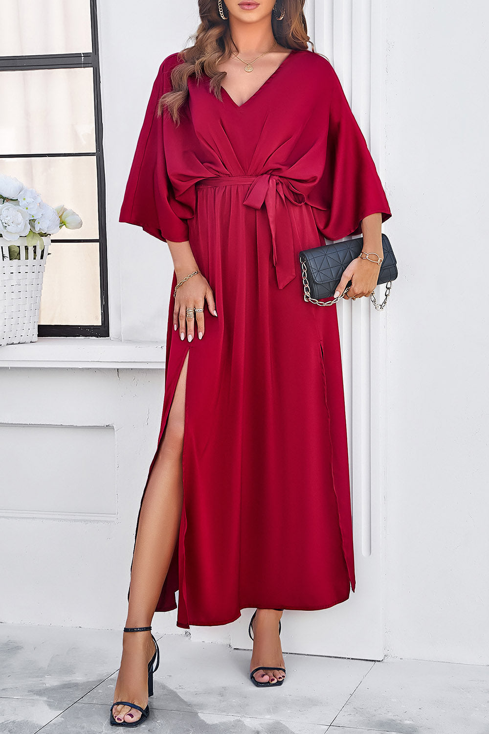 Devine Slit Tied V-Neck Three-Quarter Sleeve Dress 