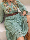 Plus Size Tassel Printed Tie Neck Long Sleeve Midi Dress 