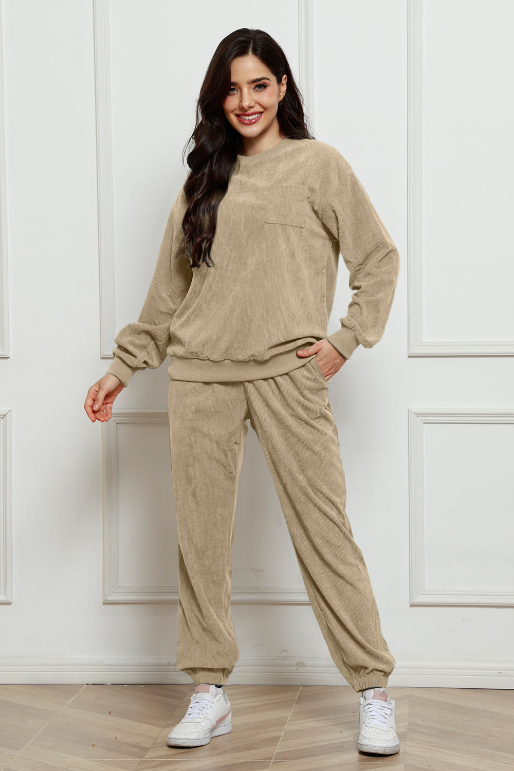 Corduroy Round Neck Sweatshirt and Sweatpants Set 