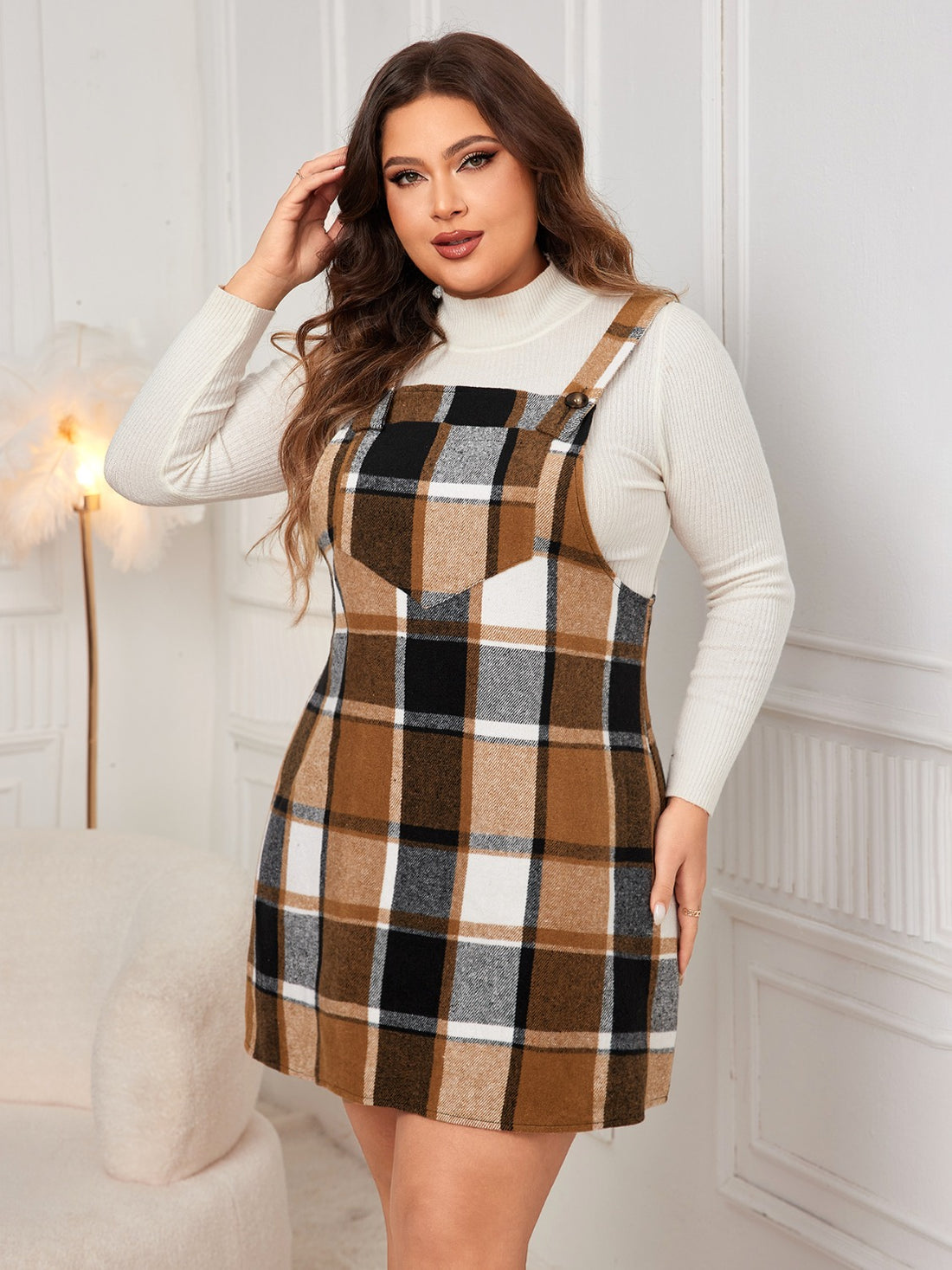 Honey Plus Size Plaid Wide Strap Overall Dress 