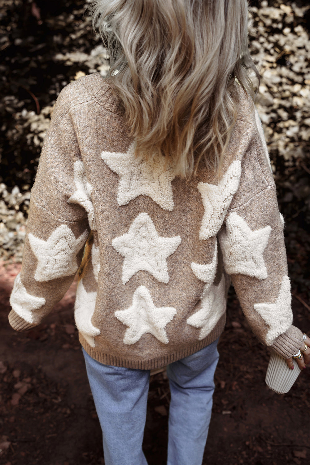 Pink Sherpa Star Pattern Textured Sweater Cardigan with Pockets Sweaters & Cardigans/Cardigans