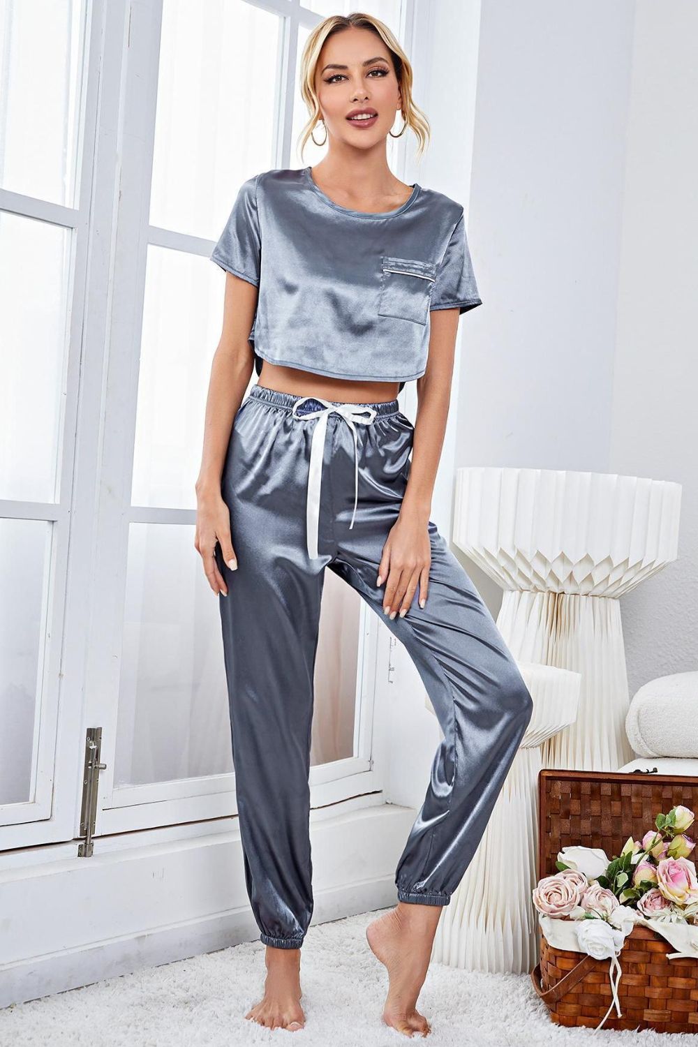 Satin Short Sleeve Crop Top and Joggers Lounge Set Lingerie & Nightwear