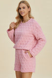 Double Take Full Size Texture Round Neck Long Sleeve Top and Shorts Set 