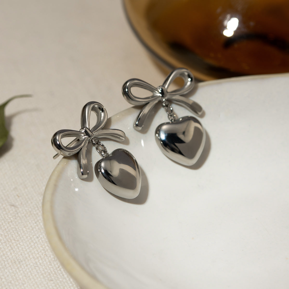 Stainless Steel Bow & Heart Drop Earrings 