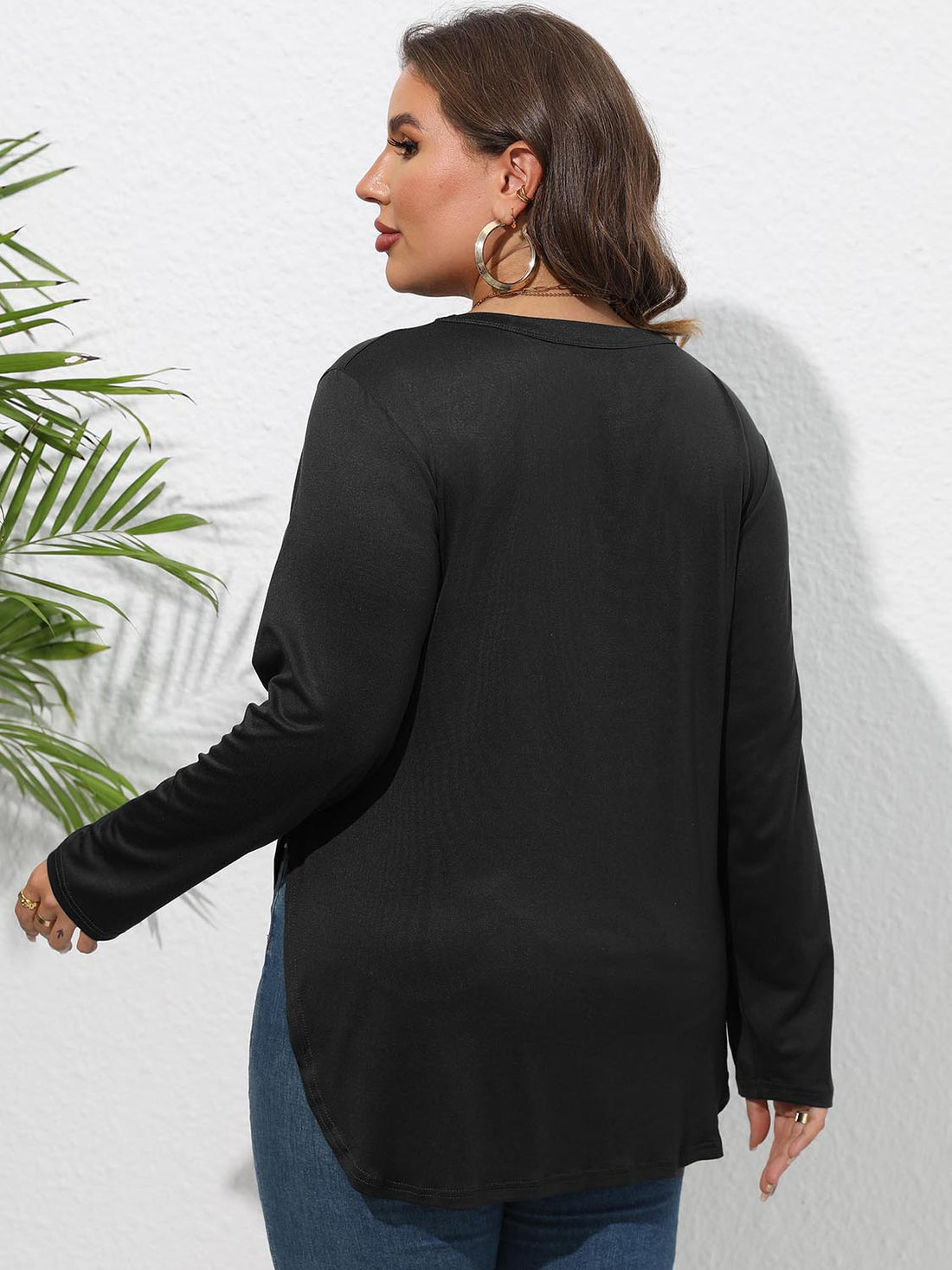 Plus Size Round Neck Long Sleeve Slit T-Shirt 