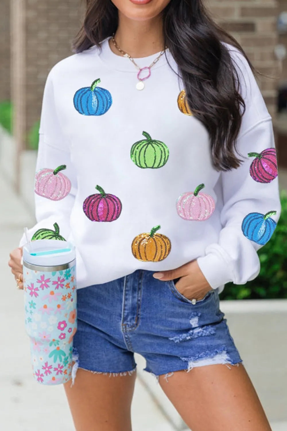 Pumpkin Round Neck Long Sleeve Sweatshirt 